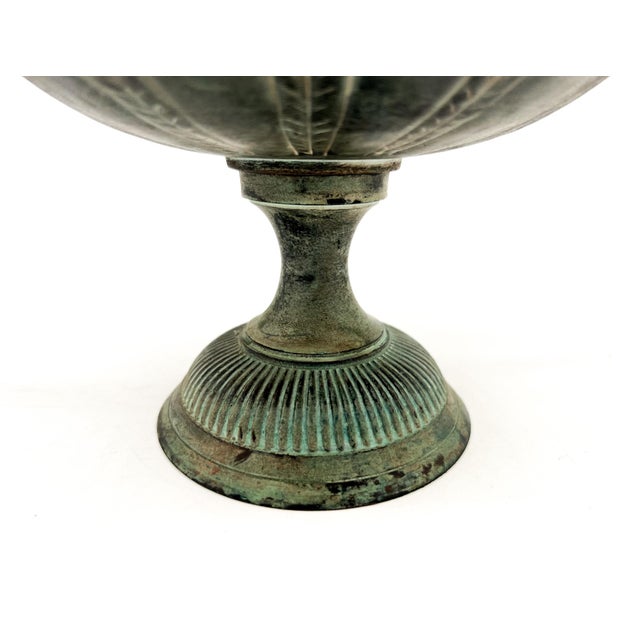 Vintage Verdigris Brass Urn With Scroll Handles on Pedestal Base - Neoclassical, Traditional, Classical For Sale - Image 11 of 12