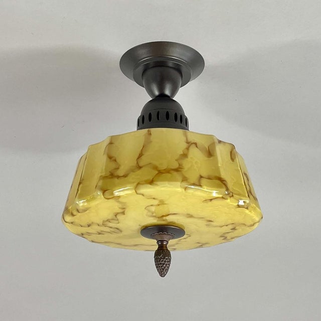 Art Deco Flush Mount in Marbled Opaline Glass & Burnished Metal, Germany, 1920s For Sale - Image 17 of 18