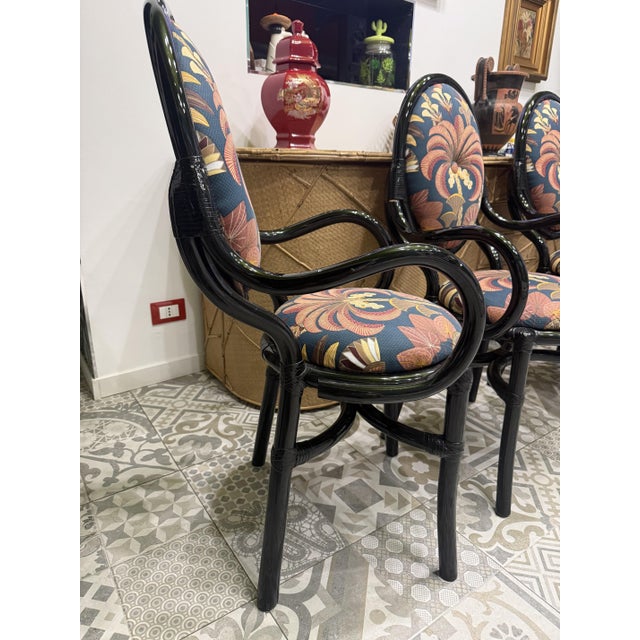 Black Lacquered Bamboo Chairs with Floral Fabric by Vivai Del Sud, 1970, Set of 4 For Sale - Image 4 of 11