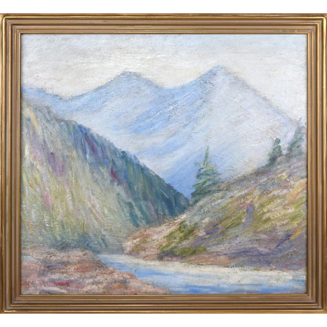 Early 20th Century American Impressionist mountain landscape painting presented in original gilt wood arts and crafts...