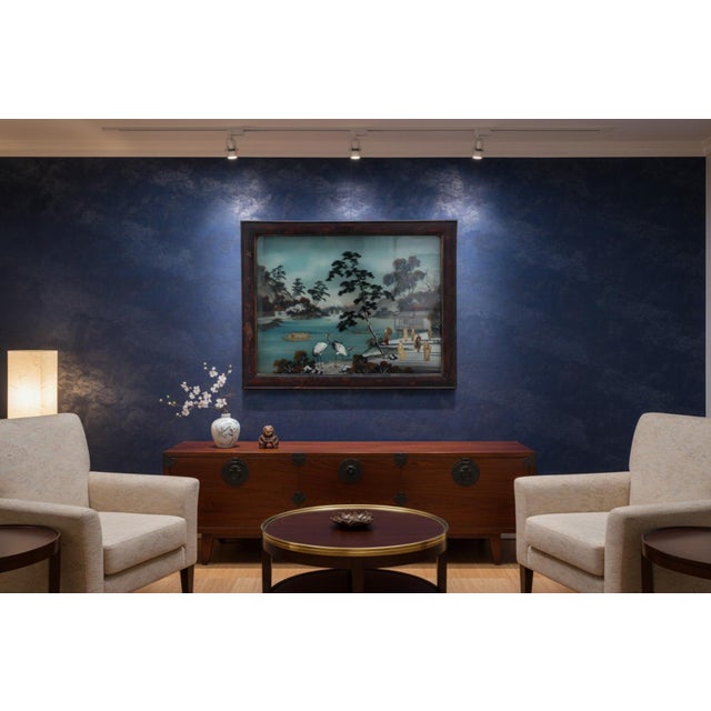 Antique Meiji Period Japanese Reverse Glass Painting - Mother of Pearl Inlay - Cranes at Mt. Fuji - C. 1890 For Sale - Image 10 of 10