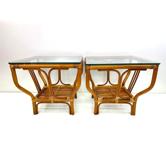 Wood Mid-Century Rattan and Glass Side Tables in the Style of Ficks Reed, a Pair For Sale - Image 7 of 14