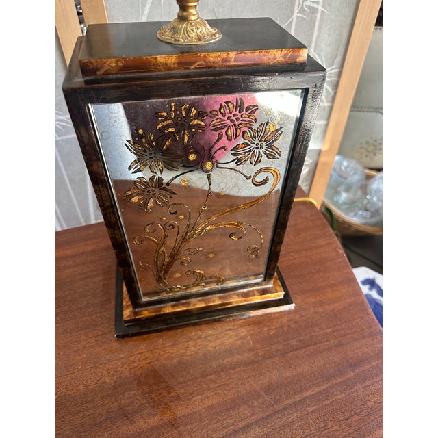 1970s Vintage Mirrored and Wooden Box Table Lamp With Floral Accents For Sale - Image 5 of 8
