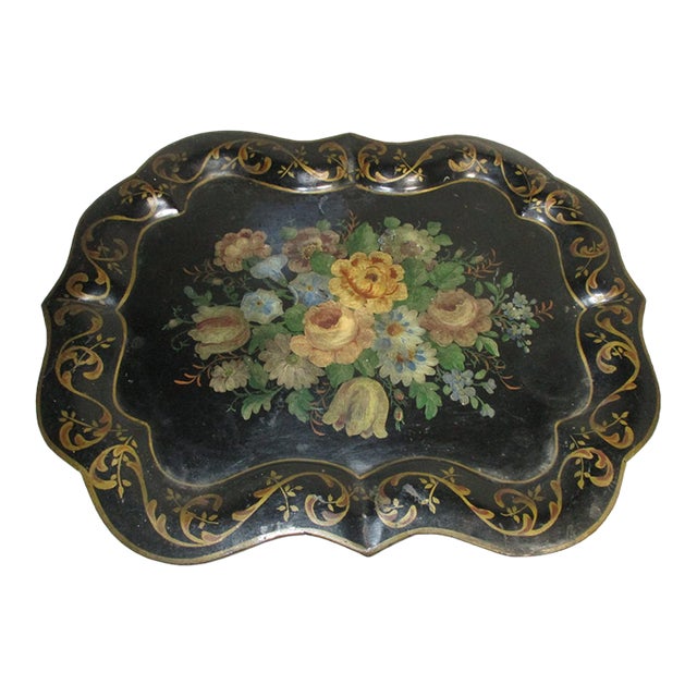 Antique Hand-Painted Floral Tole Tray For Sale