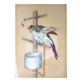 Exceptioal Large Pietra Dura (Pietra Dure) Parrot on a Perch Trying to Catch a Fly - Italian, Vintage or Older. For Sale