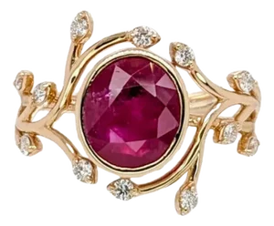 2.5ct Burma Ruby Ring With Natural Diamond Accents in Solid 14k Yellow Gold Oval