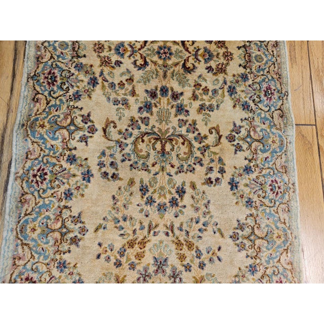 Vintage Persian Kerman Runner Rug, Hand-Knotted Wool, Allover Floral Pattern, Ivory & Blue,3x12 For Sale - Image 9 of 10