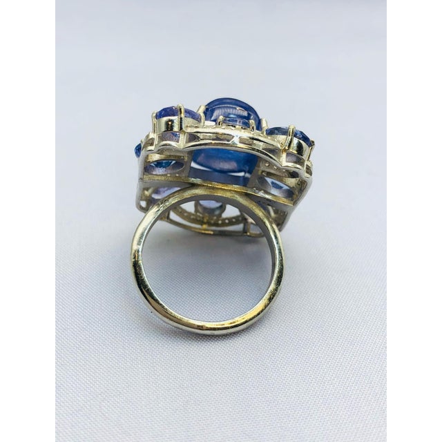 Art Deco Bochic "Orient" Natural Diamond & Tanzanite Cocktail Ring Set In 18K Gold & Silver For Sale - Image 3 of 5