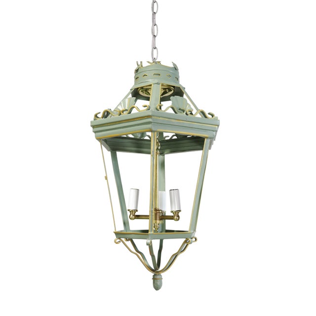 Metal A Vintage “Visual Comfort” Style Iron Celadon Green Chandelier For Sale - Image 7 of 8