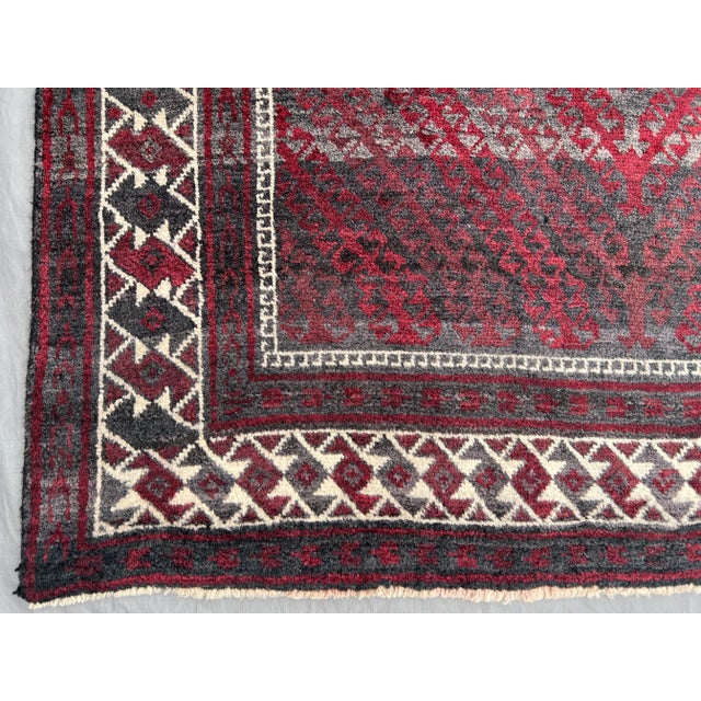 Ruby Red Vintage Afghan Baluchi Hand-Knotted Wool Runner | Deep Burgundy & Ivory Tribal Diamond Rug For Sale - Image 8 of 10
