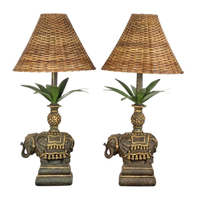 Pair of British Colonial Style Elephant Table Lamps With Rattan Shades For Sale - Image 13 of 13