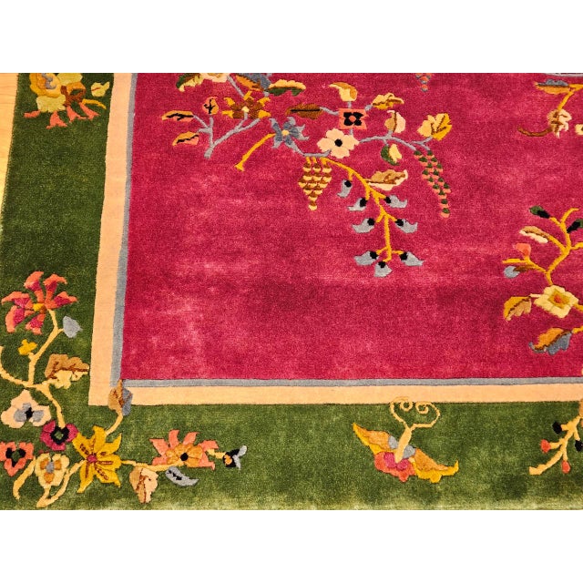 Vintage Chinese Art Deco Area Rug, Handwoven Wool Pile, Floral Design, 4' x 6' For Sale - Image 4 of 18
