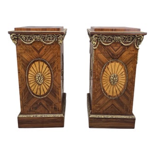 Vintage French Louis XVI Style Parquetry and Ormolu Display Pedestals - Pair For Sale