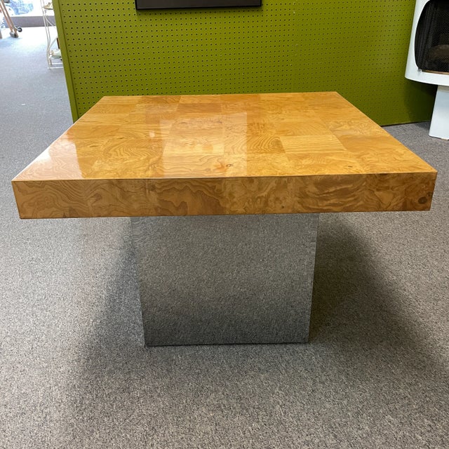 Mid-Century Modern Milo Baughman for Thayer Coggin Burled Olive Wood + Chrome Side Table C. 1970s For Sale - Image 3 of 12