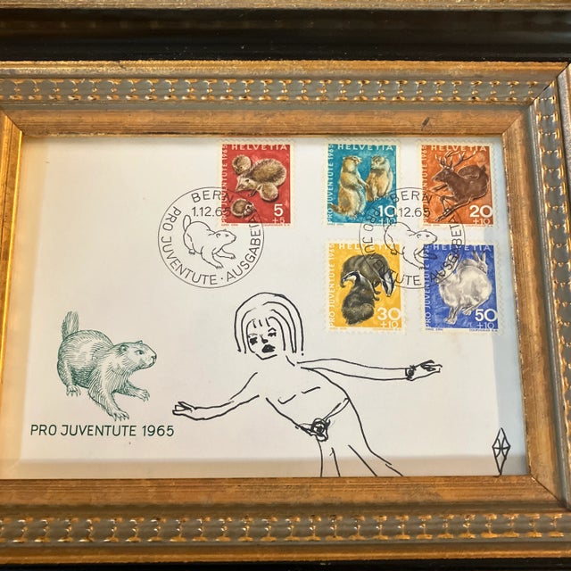 Original 4 x 6 ink drawing by contemporary artist Judy Henn done on vintage 1960’s & 1970’s Stamp first day of issue...