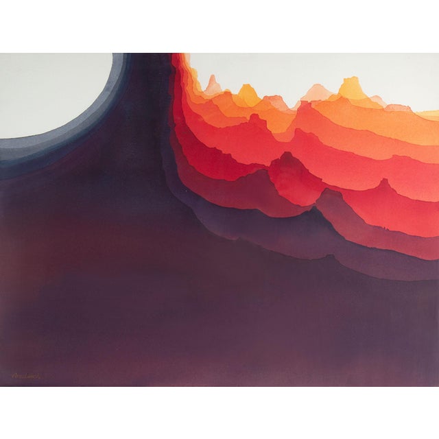 A watercolor painting by the American artist Ann Leech. Titled "Mirage II," this abstract painting depicts vibrant designs...