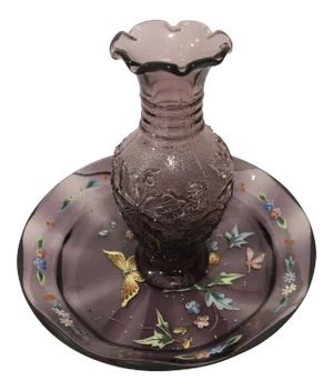 Early 20th Century Enamel Painted Purple Glass Plate With Purple Glass Vase - 2 Piece Set