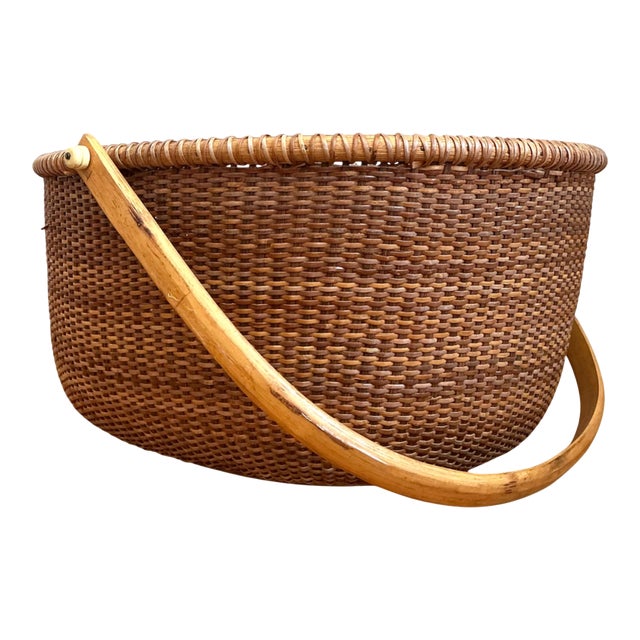 Vintage Shaker Handled Woven Rattan Basket For Sale