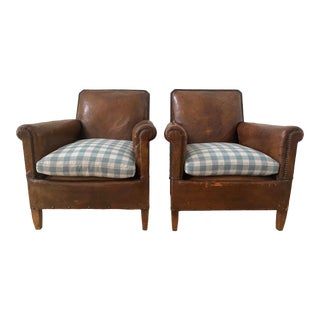 Petite French Art Deco Library Leather Club Chairs With Nailhead Details - a Pair For Sale