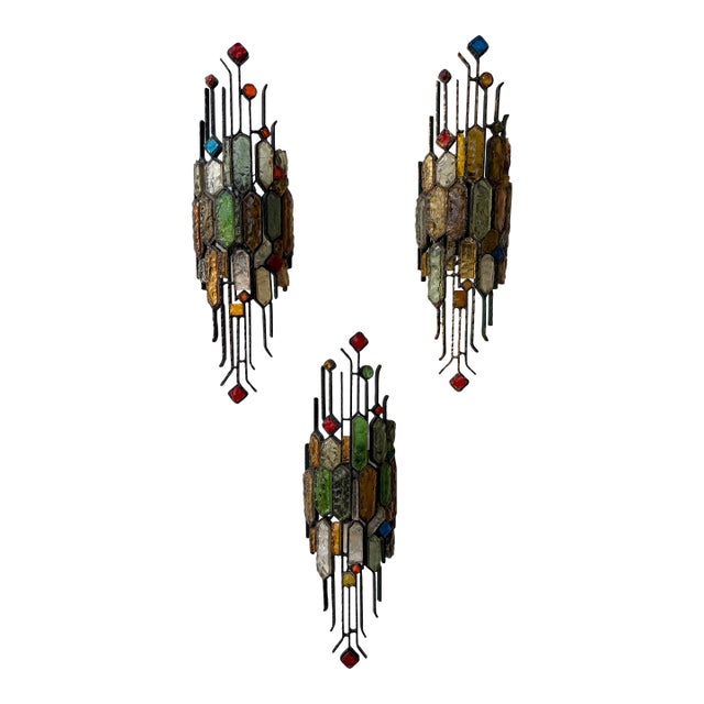 Hammered Glass Wrought Iron Sconces by Longobard, Italy, 1970s, Set of 3 For Sale