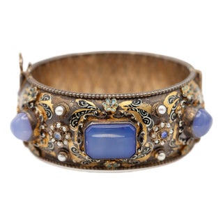 1900 - 1909 Antique Hungarian Silver Vermeil Enamel Chalcedony Seed Pearl Bangle For Sale