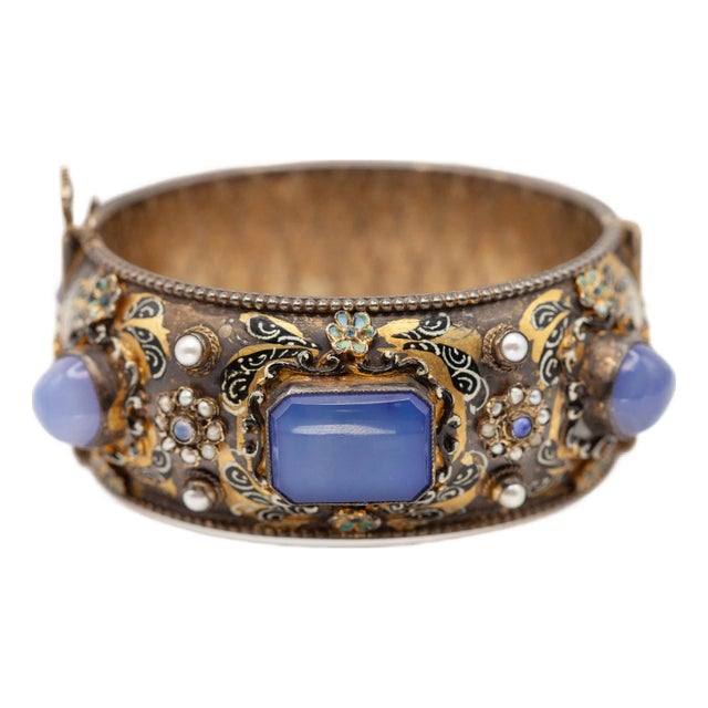1900 - 1909 Antique Hungarian Silver Vermeil Enamel Chalcedony Seed Pearl Bangle For Sale