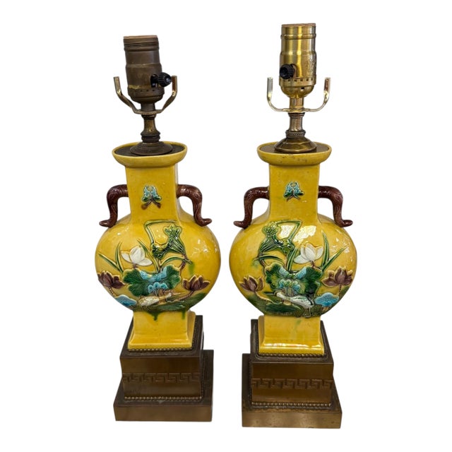 1940s Pair of Chinese Yellow Porcelain Lamps W/Lotus & Crane Motif, Brass Greek Key For Sale