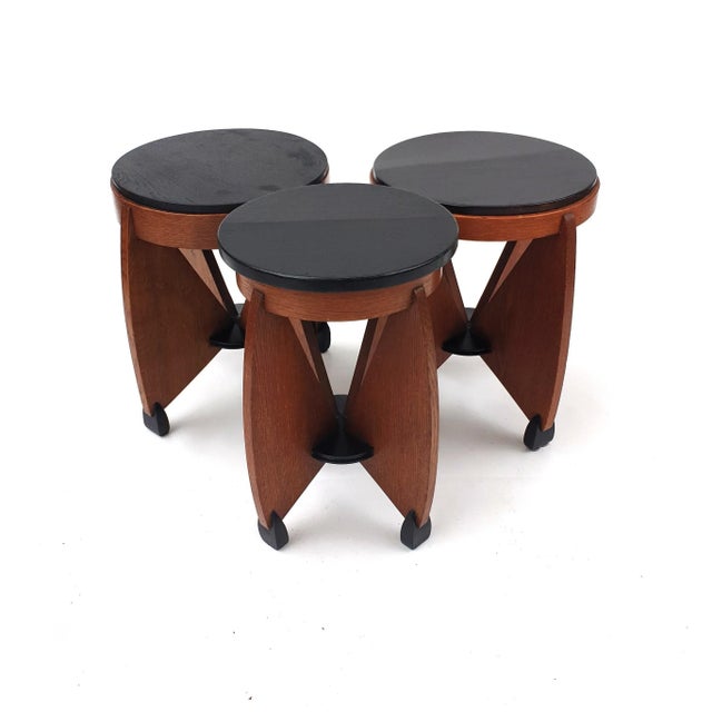 Wood Amsterdam School Side Tables by J.J. Zijfers & Co., 1920s, Set of 3 For Sale - Image 7 of 7