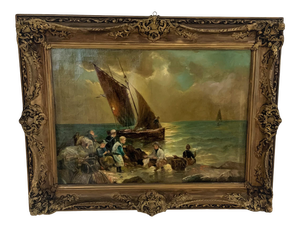 Antique Fishing Boat Near the Shore Maritime Painting, Framed