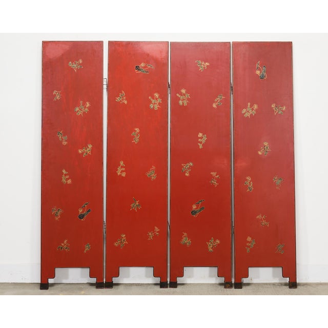 Chinese Export Four Panel Red Lacquered Chinoiserie Gilt Screen For Sale - Image 18 of 18