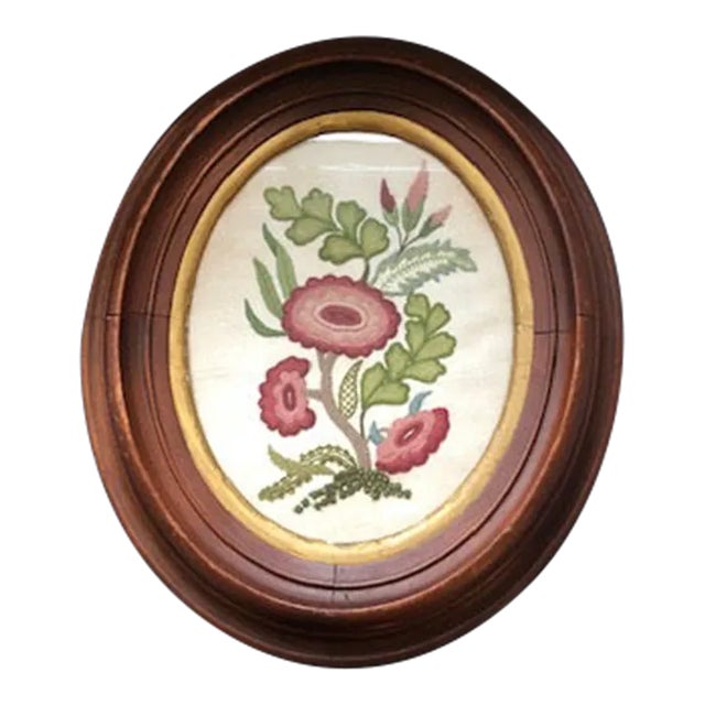 1960s Mahogany Floral Crewelwork, Framed For Sale