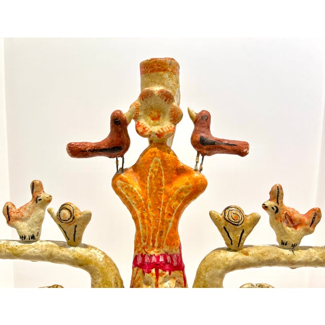 Ceramic Vintage Handmade Mexican Folk Art Ceramic Candelabra Candle Tree Birds Rabbits For Sale - Image 7 of 12