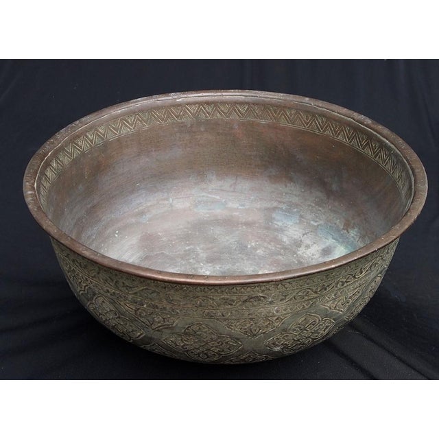 Large Antique Islamic Engraved Tinned Copper Bowl, 1890s For Sale - Image 6 of 14