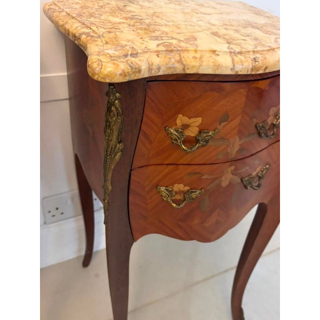 Stone Antique French Kingwood Marquetry Marble Top Nightstands, 1920, Set of 2 For Sale - Image 7 of 18