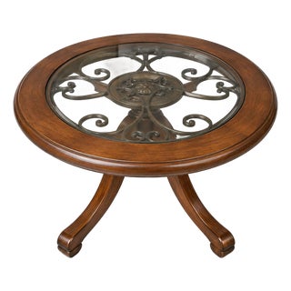 Elegant Glass Top Coffee Table With Wrought Iron Detail For Sale