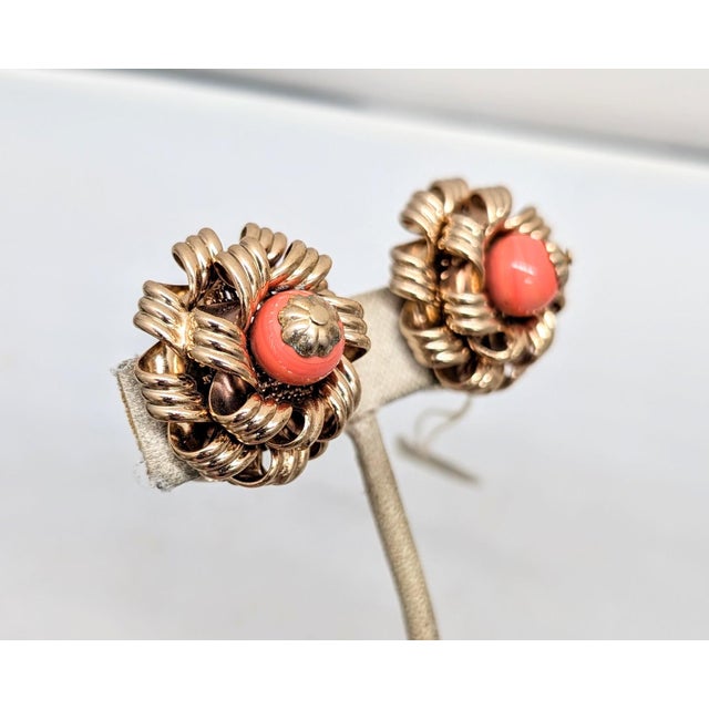 1960s Vintage 1960s Signed Napier Goldtone Faux-Coral Clip Earrings-2 Pieces For Sale - Image 5 of 7