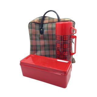 Vintage Red Plaid Aladdin Thermos Picnic Set For Sale