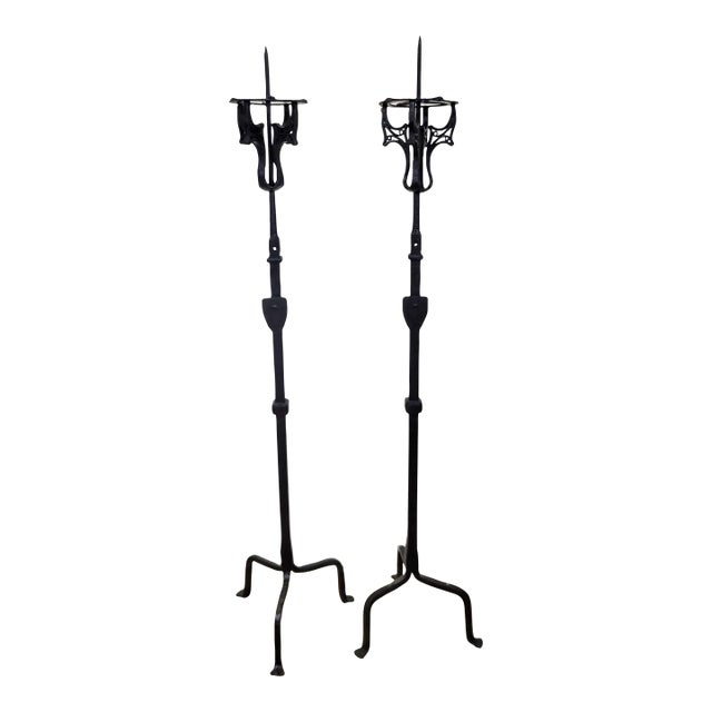 Pair Antique American Hammered Wrought Iron Floor Pricket Candle Stand Holders For Sale