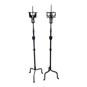 Pair Antique American Hammered Wrought Iron Floor Pricket Candle Stand Holders