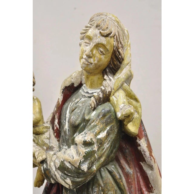 Green Antique Spanish Latin Polychromed Carved Wood Figure Madonna and Child Statue For Sale - Image 8 of 10