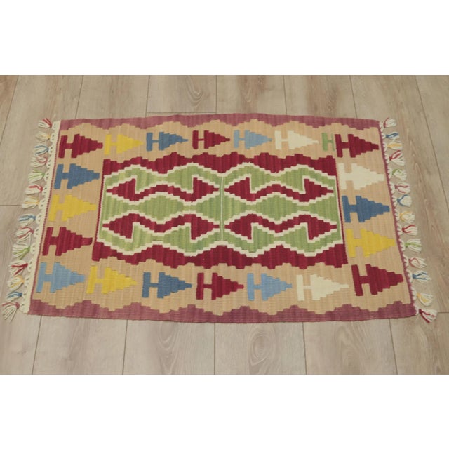Traditional 1970s Turkish Vintage Rams Horn Design Ikat Beige Hand Knotted Kilim Rug For Sale - Image 3 of 12