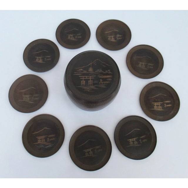 Wood Vintage C.1960's Asian Wood-Carved Drink Coasters & Carrier/Holder For Sale - Image 7 of 8