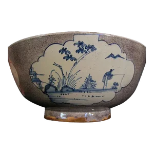 Large Antique 18th Century English Liverpool Delft Tin Glaze Faience Punch Bowl Decorated With Blue Chinese Fishermen on Manganese Ground 1750