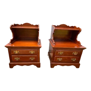 Late 20th Century Pair of National Furniture Co Mt.Airy Chippendale 2 Tiered Two-Drawer Solid Cherry Nightstands Bedside Tables.
