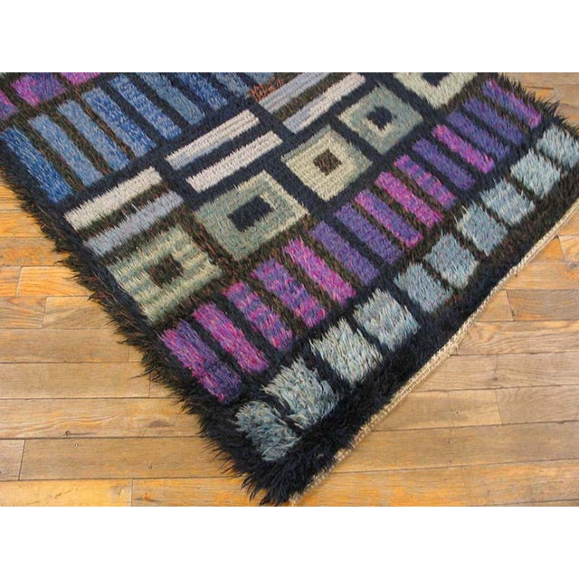Mid 20th Century 1950s Blue & Purple Geometric Vintage Swedish Scandinavian Rya Shag Carpet 3'2" X 5'8" Handknotted Wool Rug For Sale - Image 5 of 5