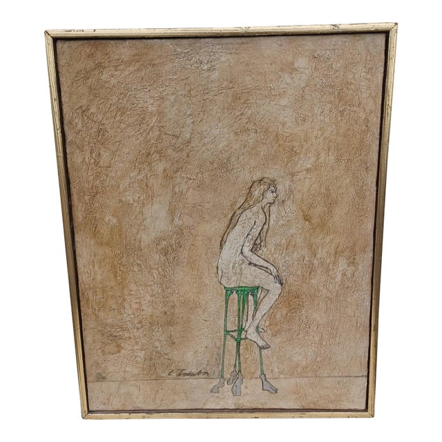 Vintage Mid 20th Century Oil Painting of Woman on Stool For Sale