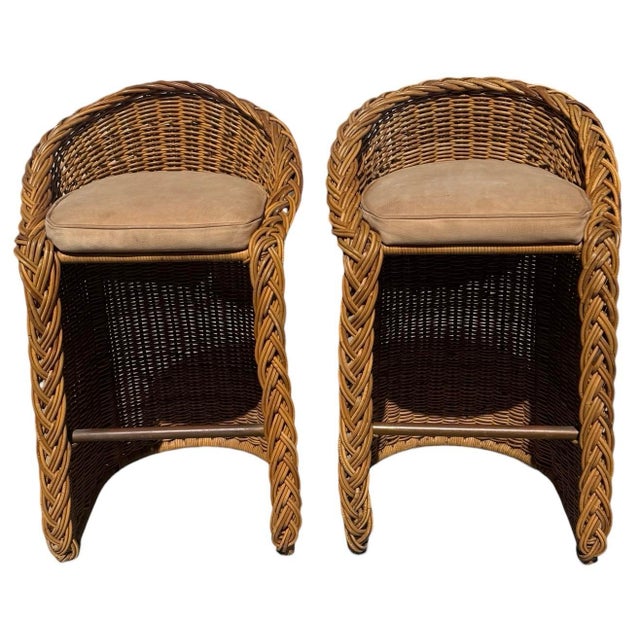 Pair Vintage Braided Rattan Counter Height Bar Stools For Sale - Image 9 of 9