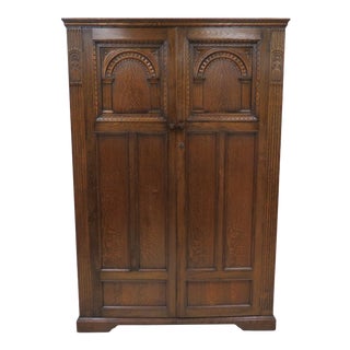 English Oak Double Door Cathedral Carved Wardrobe or Armoire For Sale