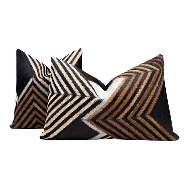 Pair of Canvello Genuine Cowhide Leather Decorative Throw Pillows With Feather Down Insert Included For Sale