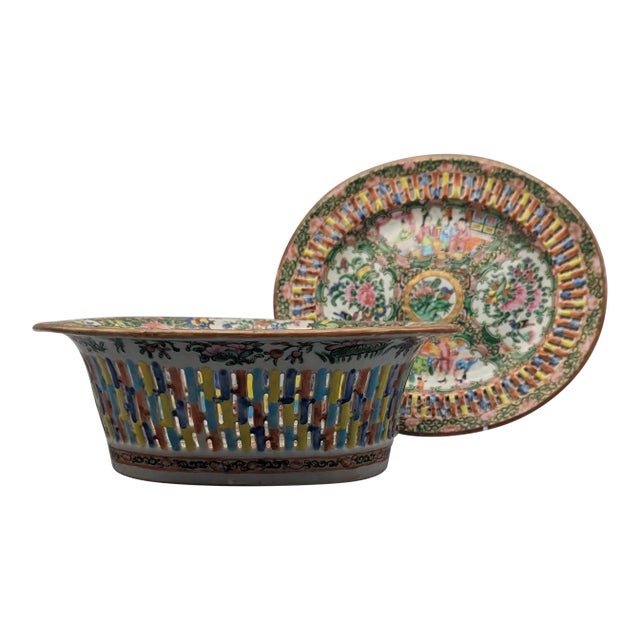 Chinese Export Canton Rose Mandarin Reticulated Basket & Undertray For Sale